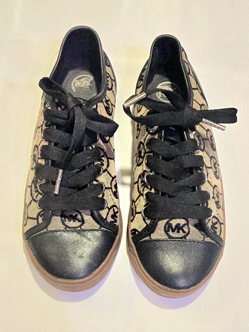 Michael Kors Beige and Black MK Monogram Low-Top Sneakers - Picture 2 of 6